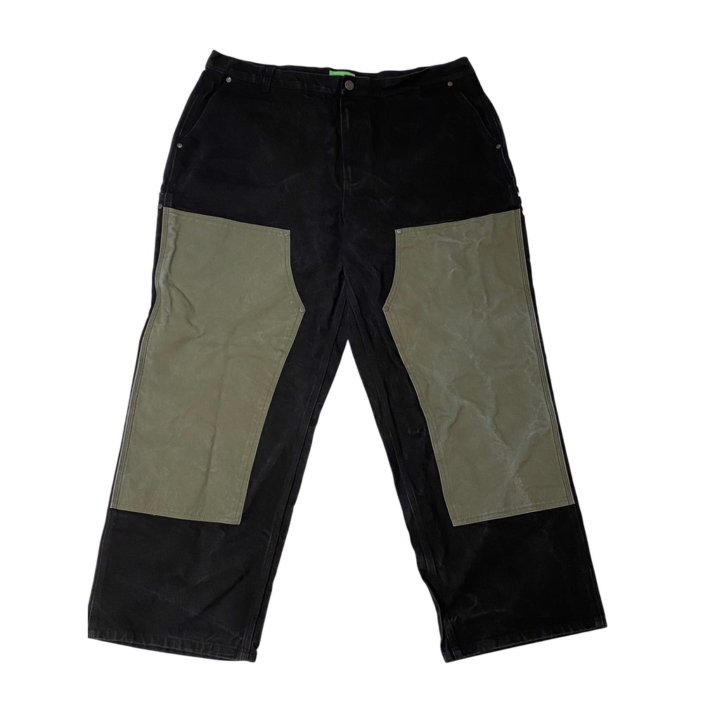 HUF Mens Double Knee Work Pants Black Olive‎ Green Canvas Carpenter Trousers 38